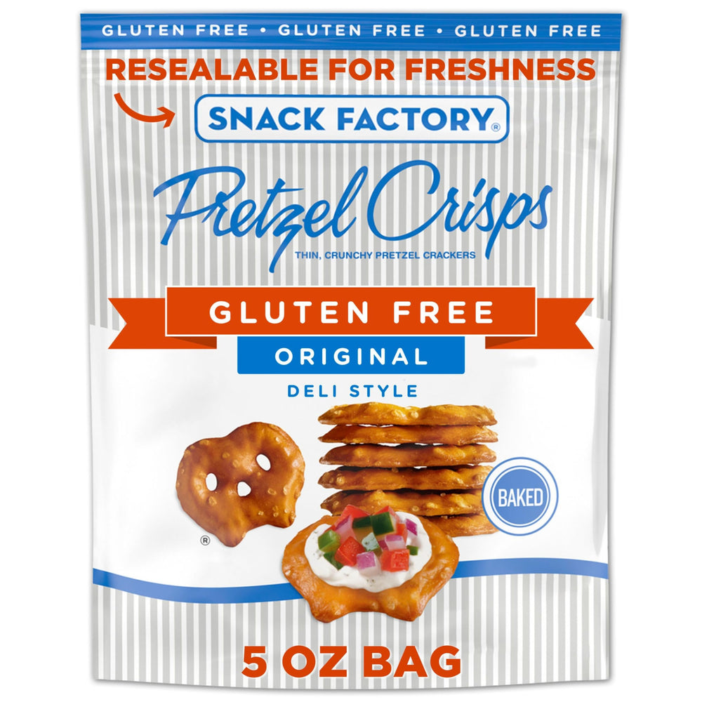 Snack Factory Pretzel Crisps Original bag shows gluten-free crunch.