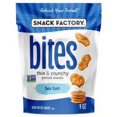 Snack Factory Sea Salt Bites bag front with resealable closure for freshness