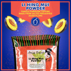 Snack Hawaii Li Hing Mui powder being poured to enhance fruits and snacks with tangy-salty notes.