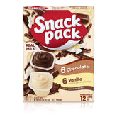 Snack Pack chocolate and vanilla pudding cups family pack box, 72 cups, ideal for school lunches.