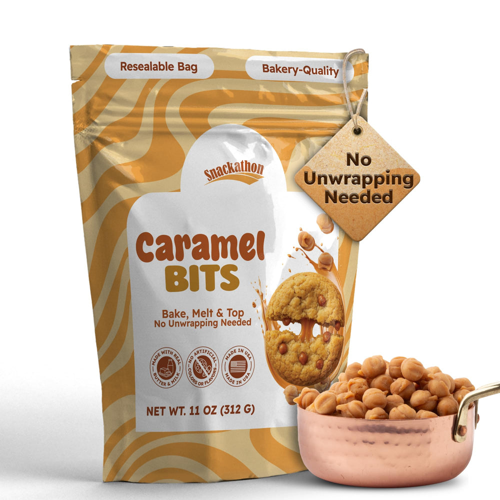 Snackathon Caramel Bits bulk bag 11oz shown for baking convenience and easy storage.