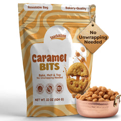 Snackathon Caramel Bits bulk bag with resealable pouch for freshness.