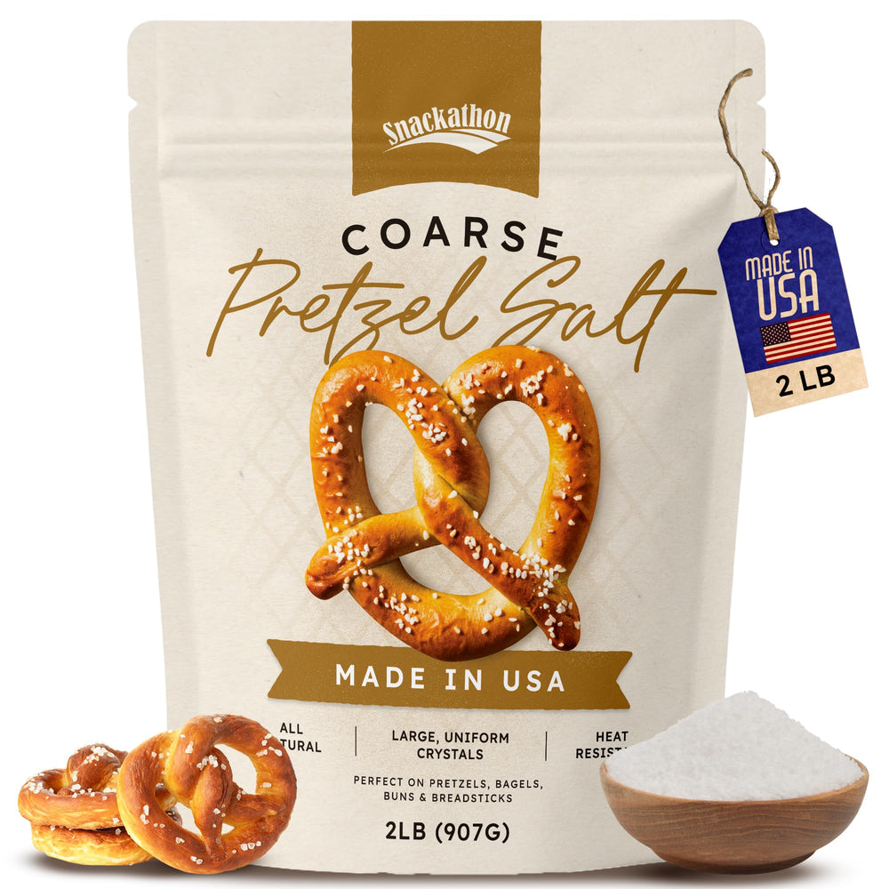 Snackathon coarse pretzel salt adds heat-resistant texture to oven-baked pretzels.