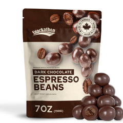 Snackathon dark chocolate espresso beans in a bag, rich aroma for a coffee break.