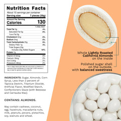 Snackathon Jordan almonds white-shell closeup shows glossy coating and crisp texture.