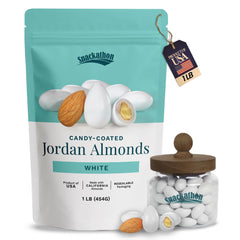 Snackathon Jordan almonds white-shell packaging for elegant event presentation.