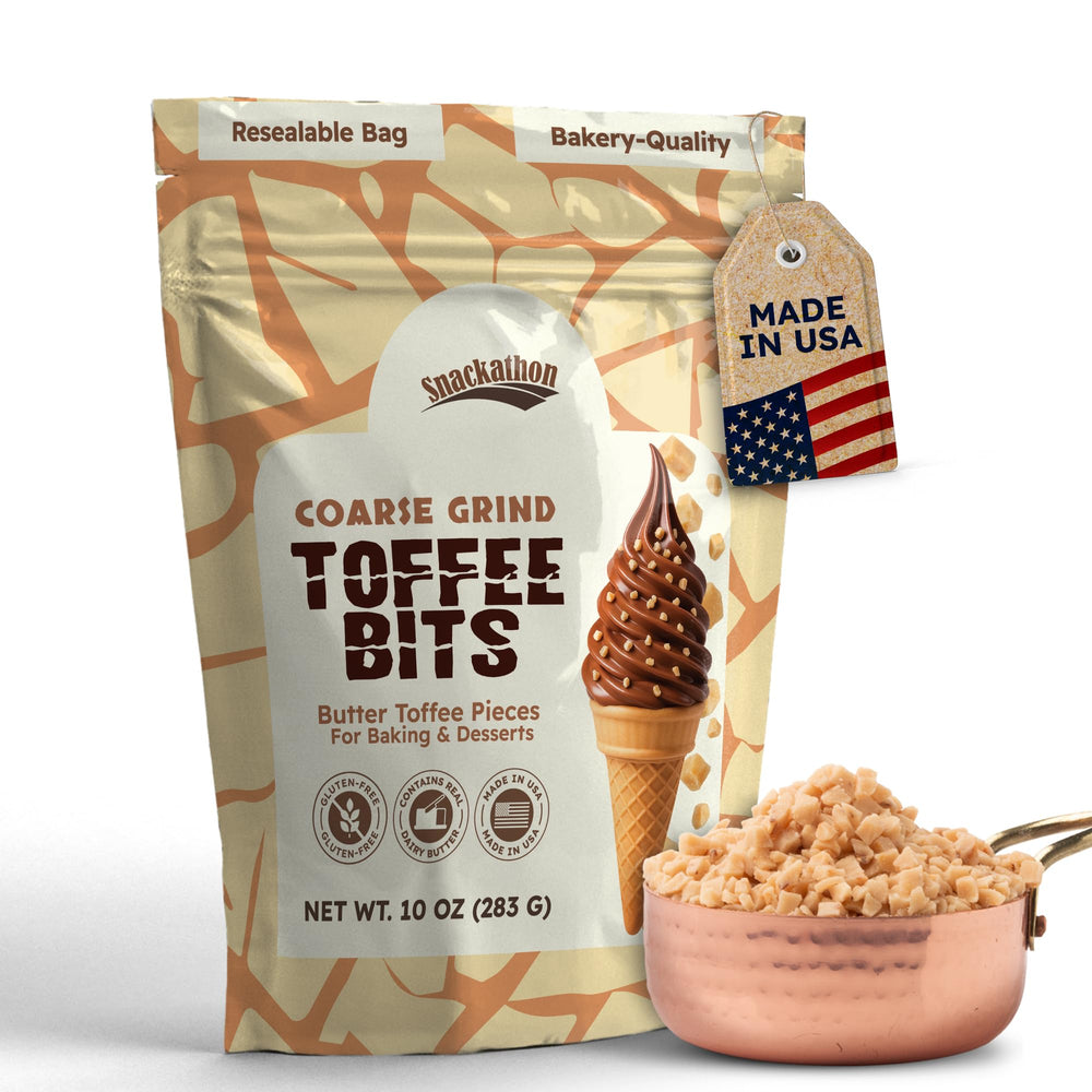 Snackathon Toffee Bits in resealable bag with coarse grind for easy dessert topping.