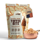 Snackathon Toffee Bits in resealable bag with coarse grind for easy dessert topping.