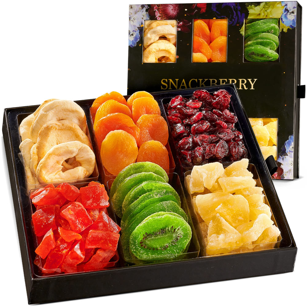 Snackberry dried fruit gift basket with a drawer view, perfect for celebrations