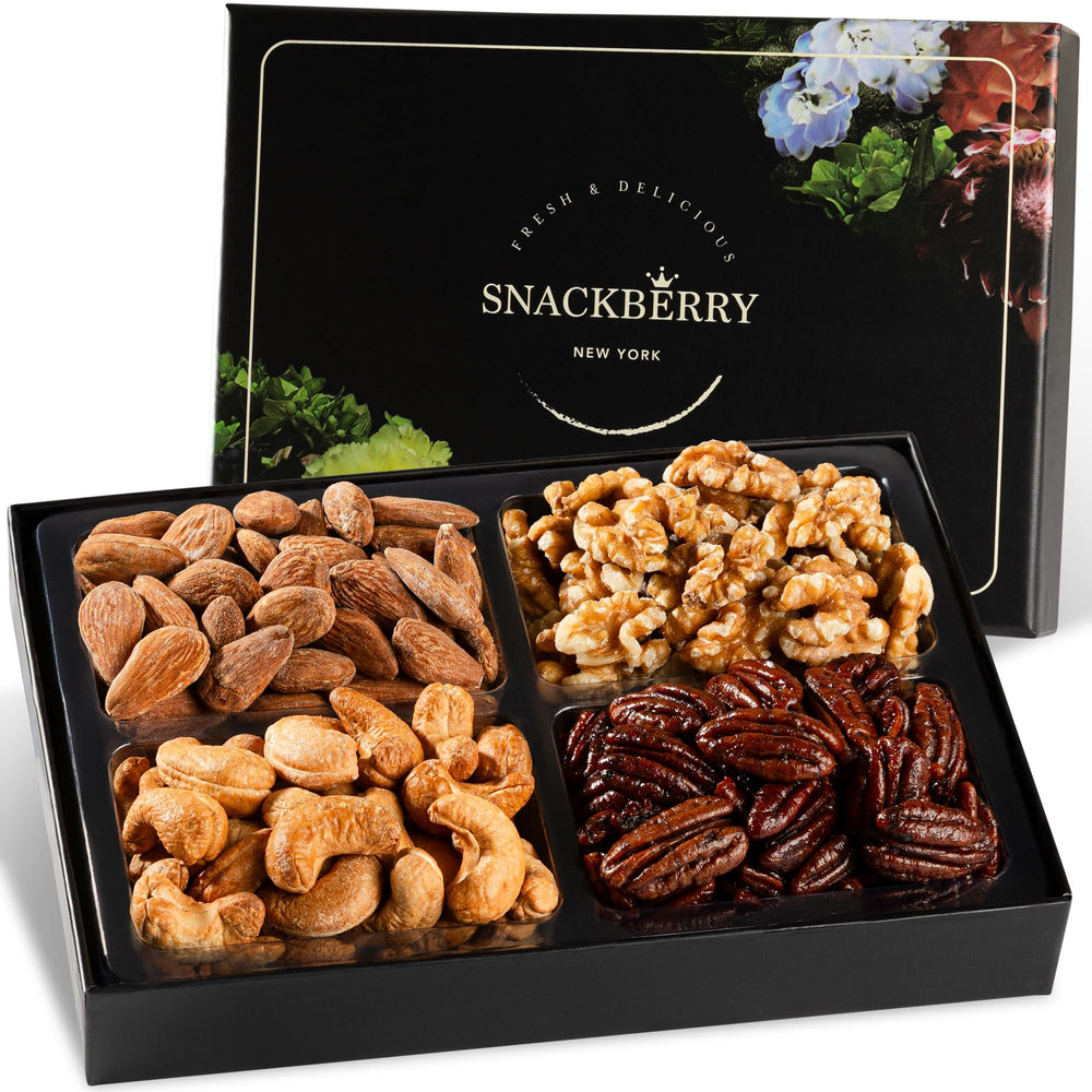 Snackberry Variety Nuts Gift Basket top view, premium assortment for celebrations