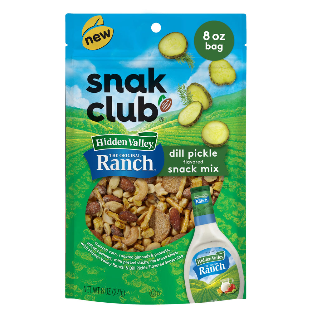 Snak Club Hidden Valley Ranch and Dill Pickle snack mix bag with tangy flavors for on-the-go snacking.
