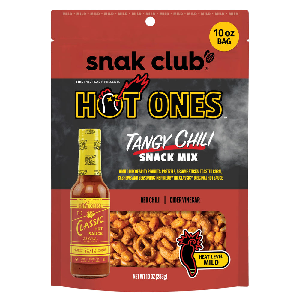 Snak Club Hot Ones Tangy Chili Snack Mix bag ready for on-the-go snacking.