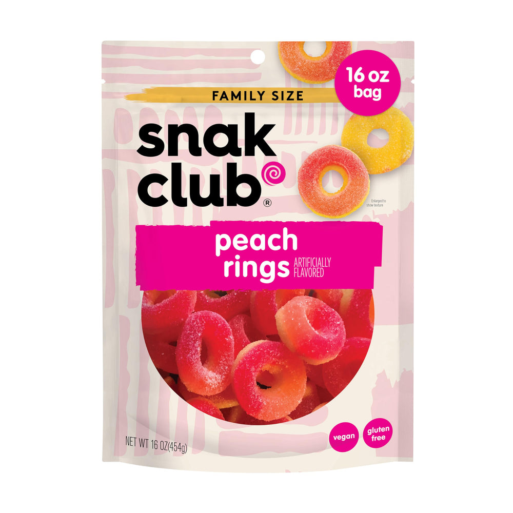 Snak Club Peach Rings pack-shot inviting on-the-go snacking.