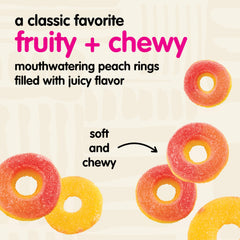 Snak Club Peach Rings in resealable bag, fresh and convenient for sharing.