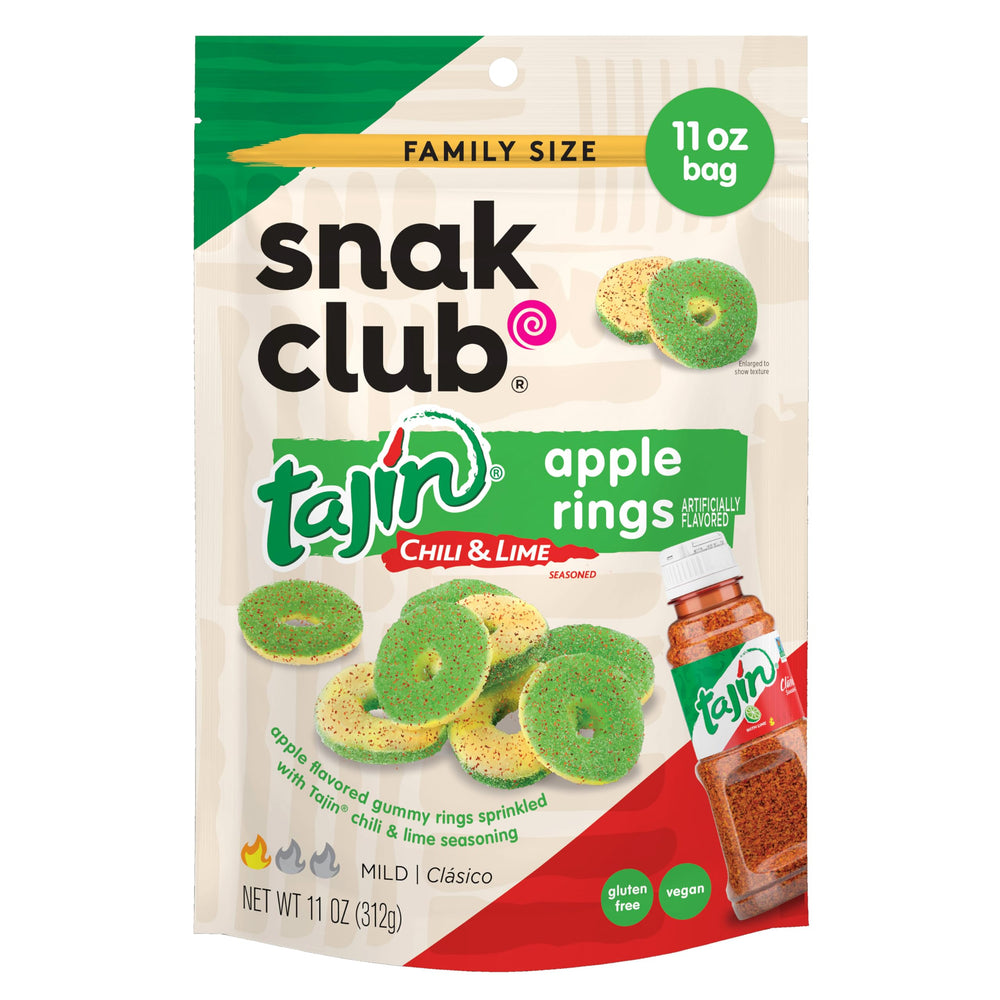 Snak Club Tajin Apple Rings pack shot, gluten-free vegan snack for travel