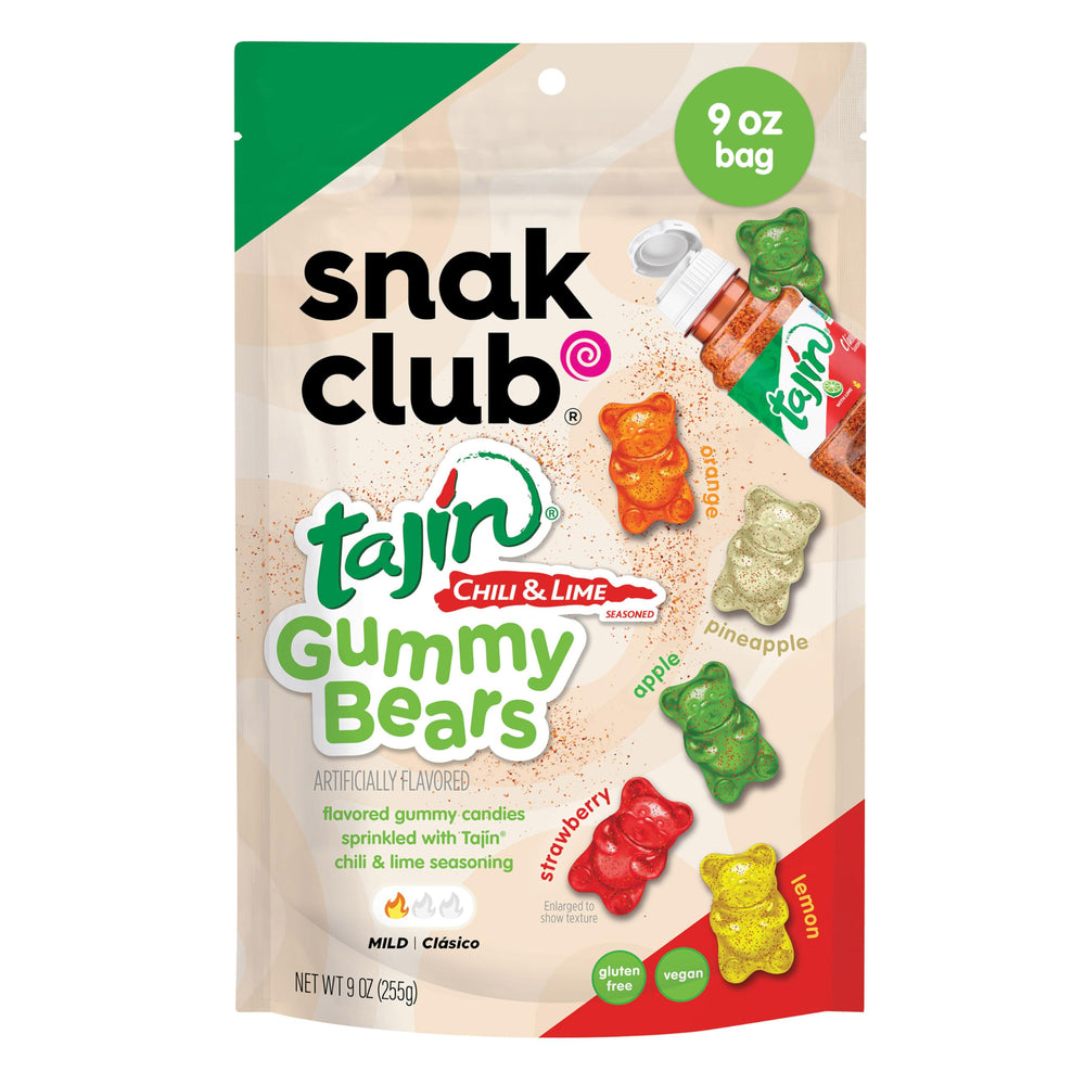 Snak Club Tajin Gummy Bears front label shows gluten-free and vegan snack