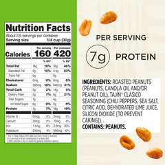 Snak Club Tajin Peanuts bag close-up shows bold chili-lime seasoning.
