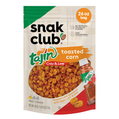 Snak Club Tajin toasted corn bag with resealable closure for freshness.
