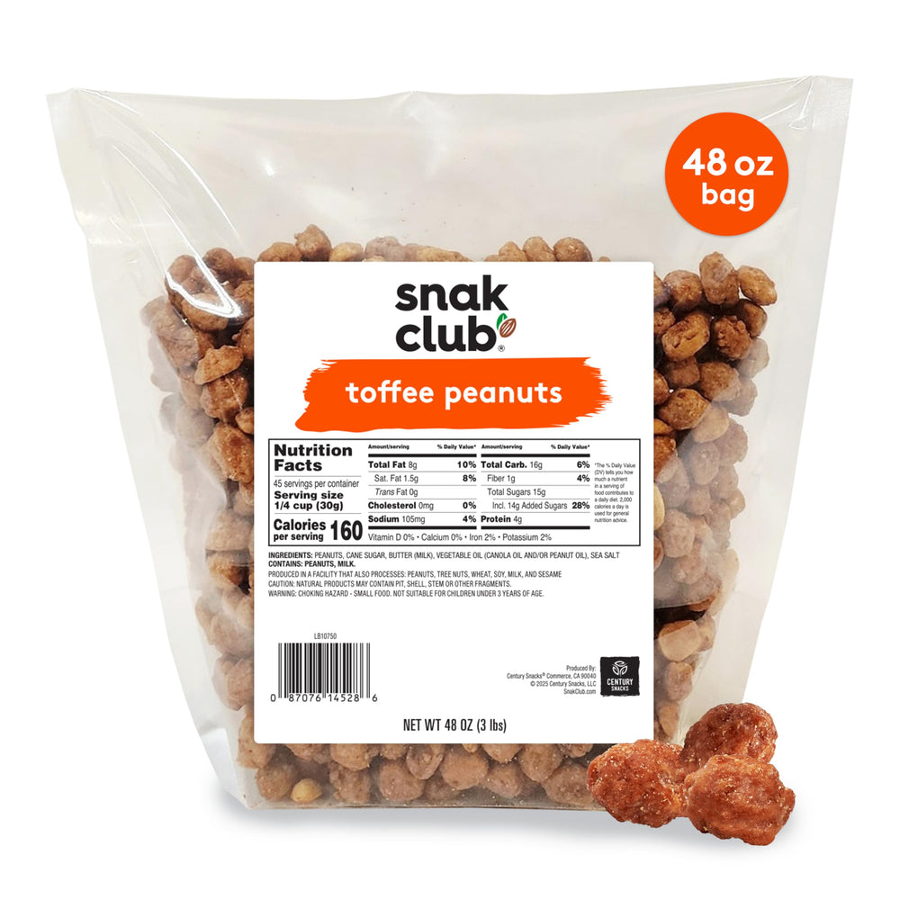 Snak Club Toffee Peanuts candied peanuts with praline coat for a crunchy bite.