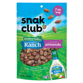 Snak Club almonds with Hidden Valley Ranch bag closeup showing freshness and bold flavor