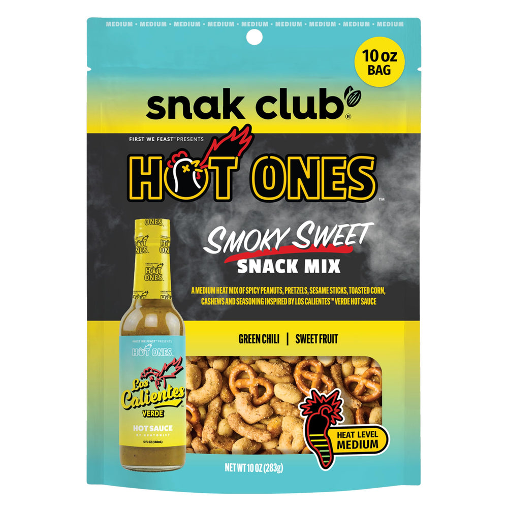 Snak Club x Hot Ones Smoky Sweet bag showcasing bold, medium spice snack.