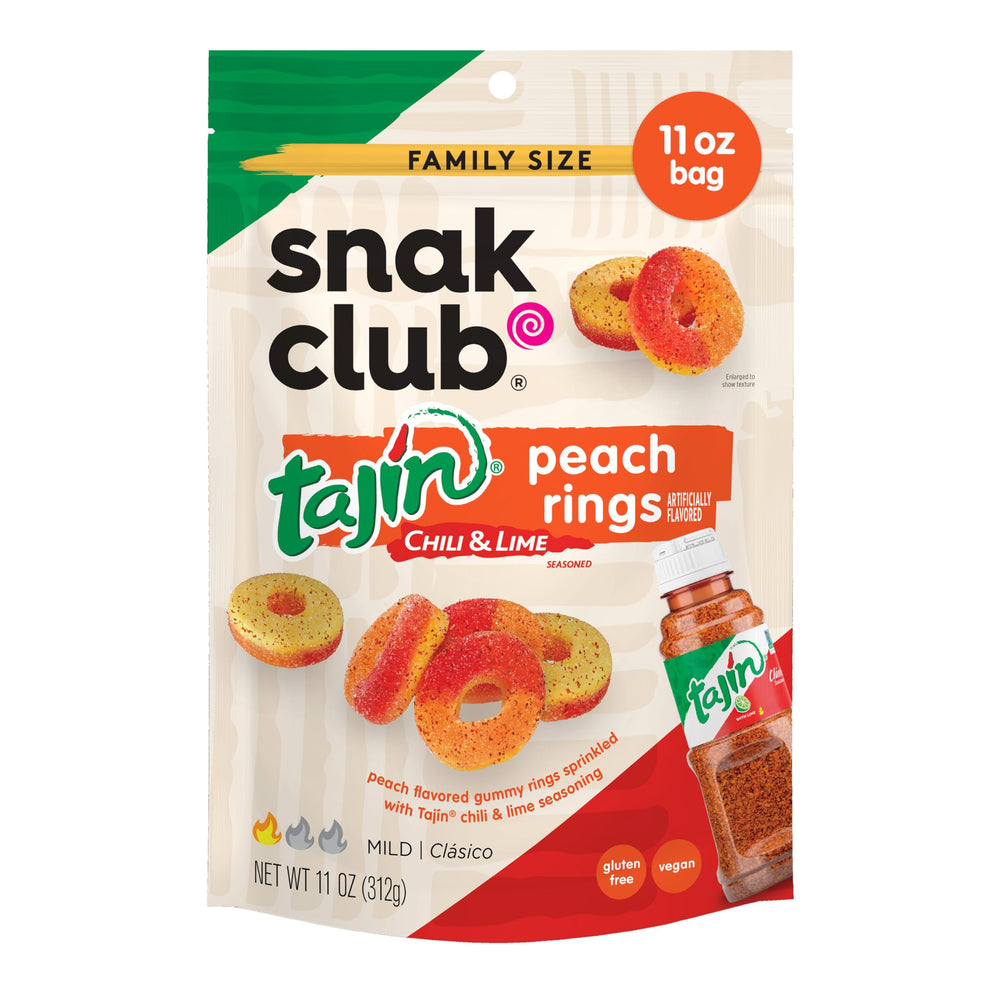 Snak Club Peach Rings Tajin bag front for easy sharing.