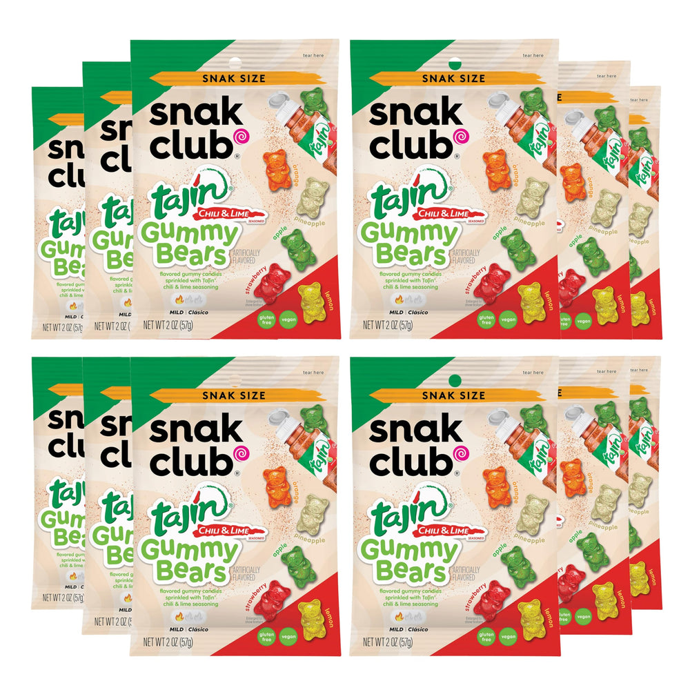 Snak Club Tajin Gummy Bears front packaging with bold chili-lime seasoning.