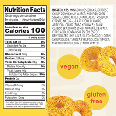 Close-up of Snak Club Tajin Mango Rings showing Tajin chili-lime seasoning.