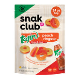Snak Club Tajín Peach Rings bag front with bold fruity heat for on-the-go snacking.