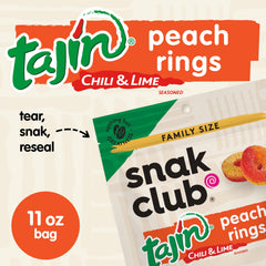 Tajin seasoning dust visible on Snak Club peach gummies.