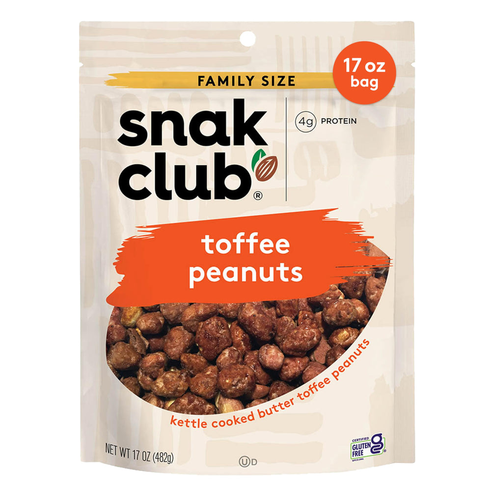 Snak Club Toffee Peanuts ingredients close-up, showcasing candied coating.