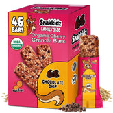 Snakkidz organic chewy granola bar chocolate chip close up showing soft bite for kids