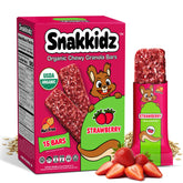 Snakkidz organic chewy granola bar strawberry front shows wholesome ingredients for lunchbox energy.
