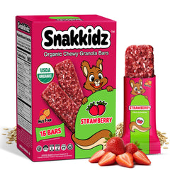 Snakkidz organic chewy granola bar strawberry front shows wholesome ingredients for lunchbox energy.