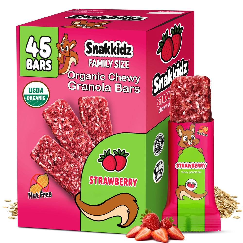 Snakkidz organic chewy granola bar strawberry, individually wrapped for easy school snacks.