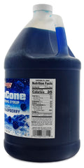 SNAPPY blue raspberry sno cone syrup pouring over shaved ice for snow cones.