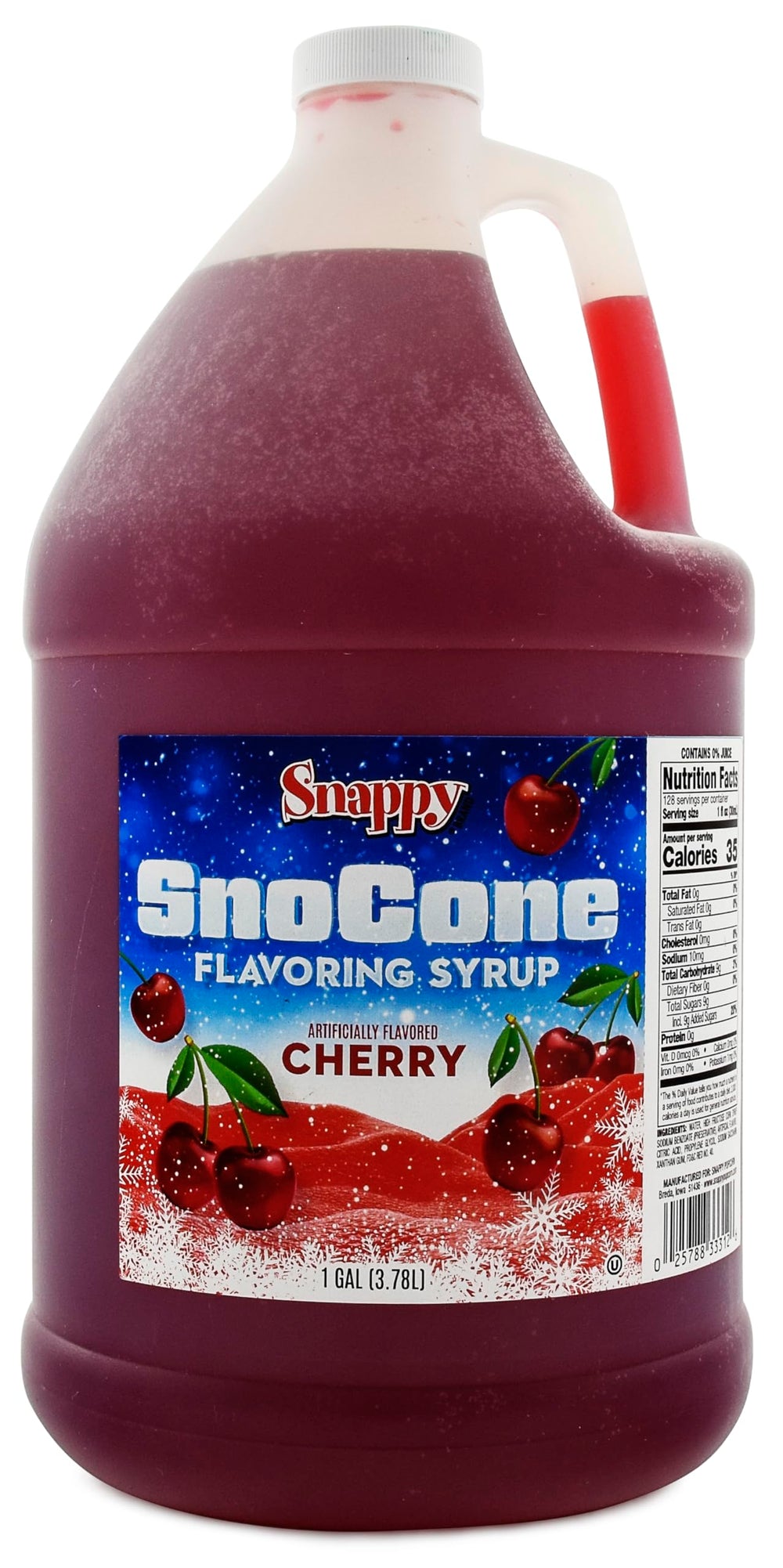 SNAPPY Cherry Sno Cone Syrup bottle ready to pour over shaved ice.