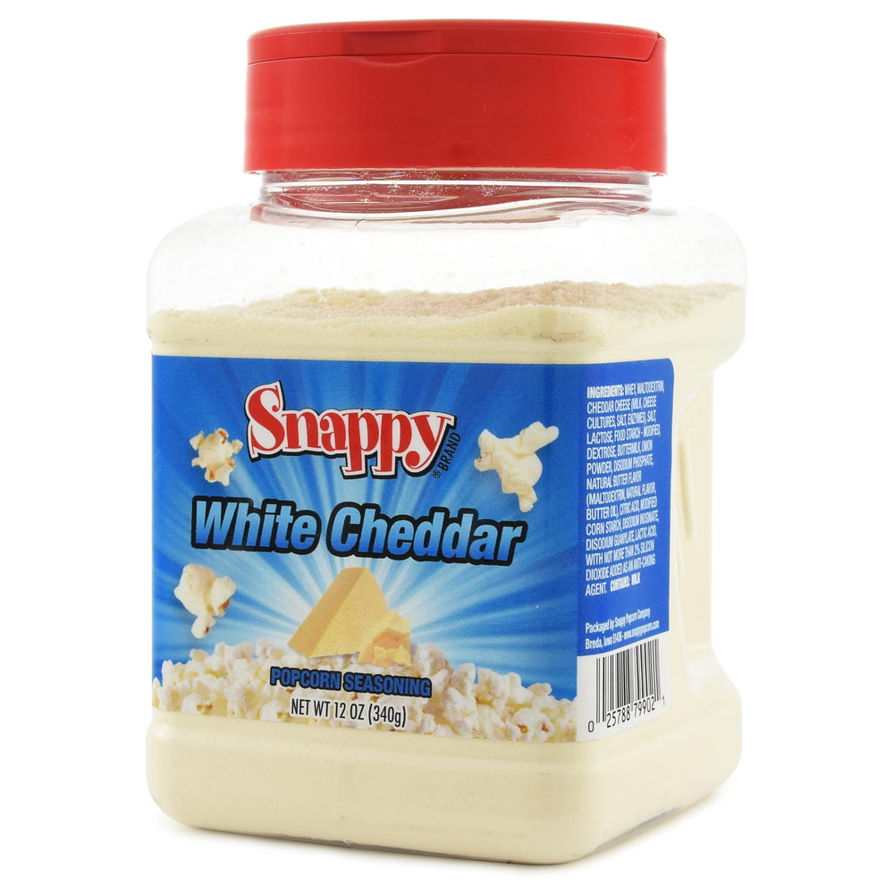 SNAPPY White Cheddar Popcorn Seasoning shaker enhances popcorn with rich, creamy flavor