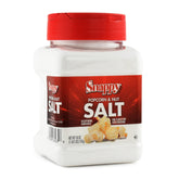 Snappy White Popcorn Salt jar closeup highlighting ultra-fine flakes for even coating