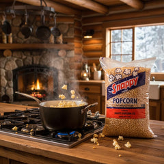 SNAPPY yellow kernels on stove-top pan for quick, savory popcorn