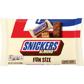 SNICKERS Fun Size Almond bag on shelf, ideal party snack.