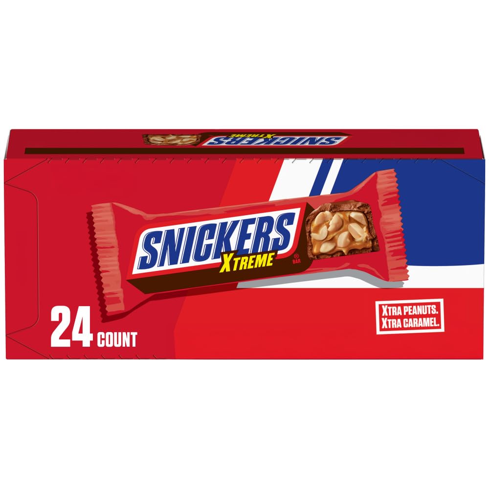 Snickers Xtreme bar front view showing extra peanuts and caramel for bold snacking