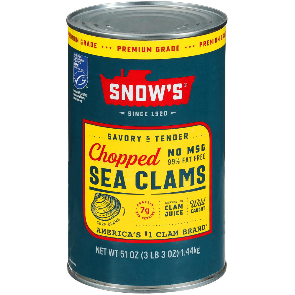 Snow's chopped sea clams in clam juice on the front can, premium protein for seafood recipes.