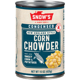 Snow's Condensed Corn Chowder can-label, a convenient pantry staple for quick meals.