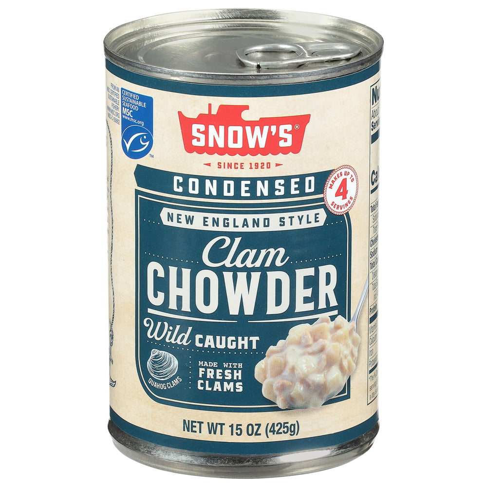 Snow's Condensed New England Clam Chowder can on pantry shelf for quick meals.