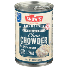 Snow's Condensed New England Clam Chowder can on pantry shelf for quick meals.
