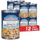 Snow's Italian Style White Clam Sauce cans in a 12-pack for easy weeknight meals.