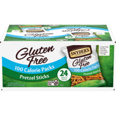 Snyder's gluten-free pretzel sticks in 100-calorie pack, crisp and satisfying.