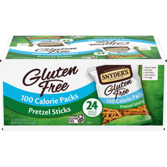 Snyder's gluten-free pretzel sticks in 100-calorie pack, crisp and satisfying.