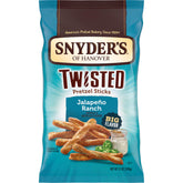 Snyder's of Hanover Jalapeño Ranch Twisted Pretzel Sticks pack shot highlights bold jalapeño flavor, ideal for sharing.